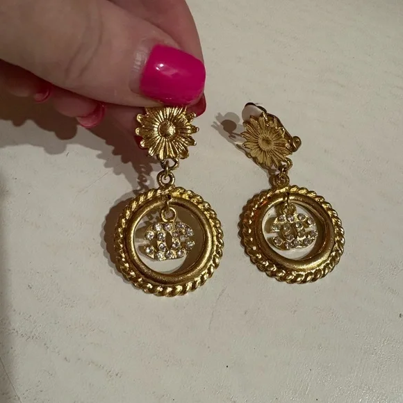 Chanel Gold-Tone Crystal Drop Clip-On Earrings - Picture 4 of 7